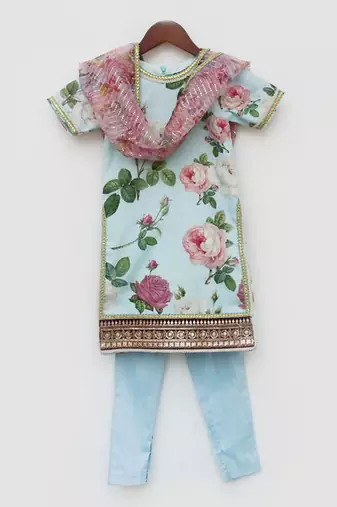 Blue Floral Print Kurti and Pant