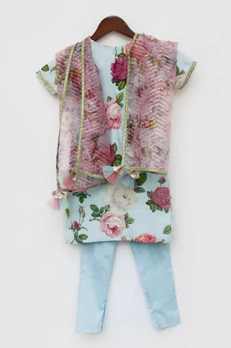 Blue Floral Print Kurti and Pant