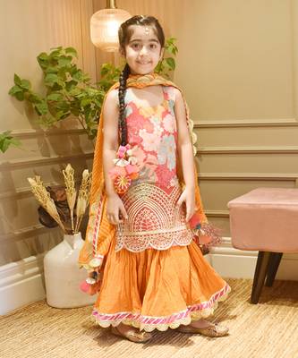Pink Georgette Print Kurti and Orange Ghagraa with Dupatta 1
