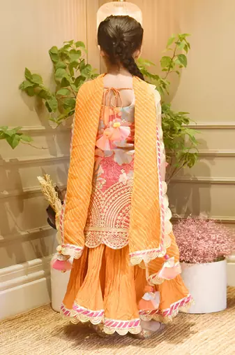 Pink Georgette Print Kurti and Orange Ghagraa with Dupatta