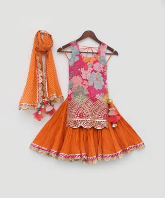 Pink Georgette Print Kurti and Orange Ghagraa with Dupatta 3