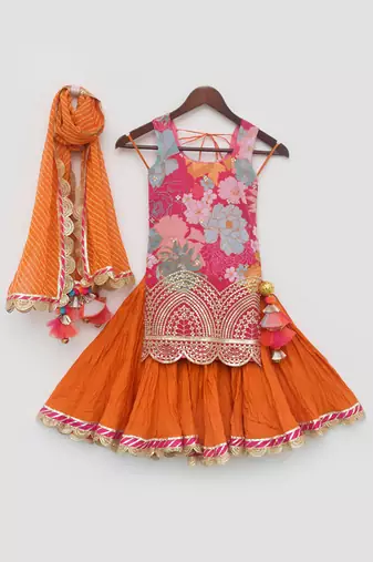 Pink Georgette Print Kurti and Orange Ghagraa with Dupatta