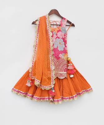 Pink Georgette Print Kurti and Orange Ghagraa with Dupatta 4