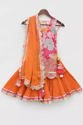 Pink Georgette Print Kurti and Orange Ghagraa with Dupatta