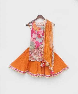 Pink Georgette Print Kurti and Orange Ghagraa with Dupatta 5