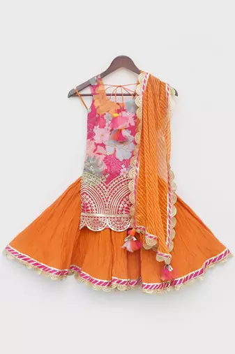 Pink Georgette Print Kurti and Orange Ghagraa with Dupatta