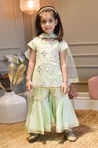Green Gotta Embroidery Kurti Sharara