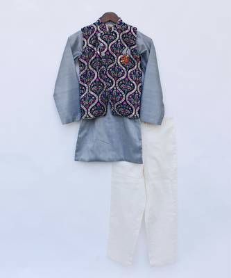 Velvet Printed Jacket with Kurta and Pant 1