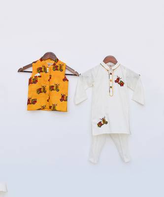 Off white Kurta and Pant with Scooter Print Jacket 1