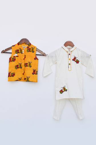Off white Kurta and Pant with Scooter Print Jacket