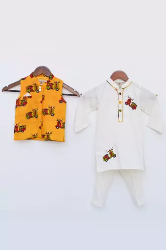Off white Kurta and Pant with Scooter Print Jacket