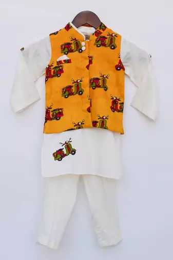 Off white Kurta and Pant with Scooter Print Jacket