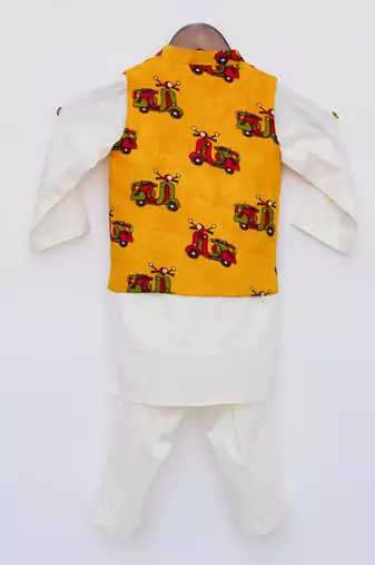 Off white Kurta and Pant with Scooter Print Jacket