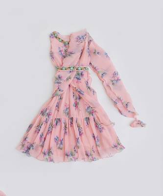 Peach Pleated Georgette Print Dress 1