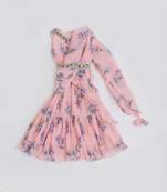 Peach Pleated Georgette Print Dress