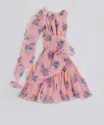 Peach Pleated Georgette Print Dress 2