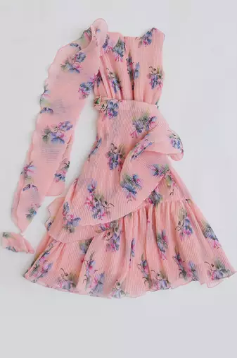 Peach Pleated Georgette Print Dress
