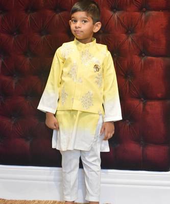 Yellow Embroidery Jacket and Shaded Kurta and Pant for Boys 1