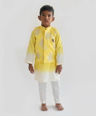 Yellow Embroidery Jacket and Shaded Kurta and Pant for Boys 2