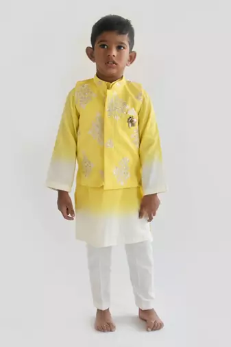 Yellow Embroidery Jacket and Shaded Kurta and Pant for Boys