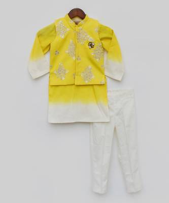 Yellow Embroidery Jacket and Shaded Kurta and Pant for Boys 3