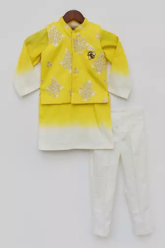Yellow Embroidery Jacket and Shaded Kurta and Pant for Boys
