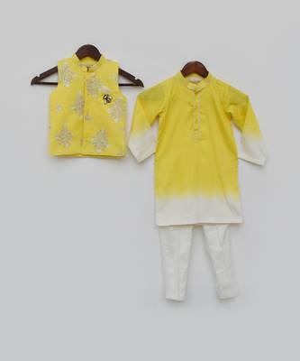Yellow Embroidery Jacket and Shaded Kurta and Pant for Boys 4