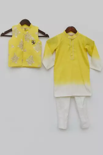 Yellow Embroidery Jacket and Shaded Kurta and Pant for Boys