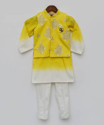 Yellow Embroidery Jacket and Shaded Kurta and Pant for Boys 5