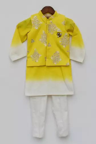 Yellow Embroidery Jacket and Shaded Kurta and Pant for Boys