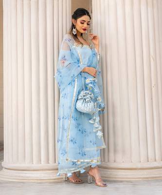 Sky Blue Cotton Silk Thread and Gota Patti work Kurti Set 2