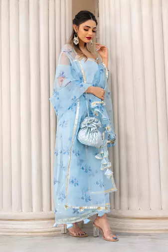 Sky Blue Cotton Silk Thread and Gota Patti work Kurti Set