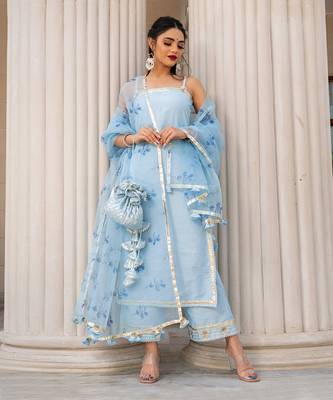 Sky Blue Cotton Silk Thread and Gota Patti work Kurti Set 3