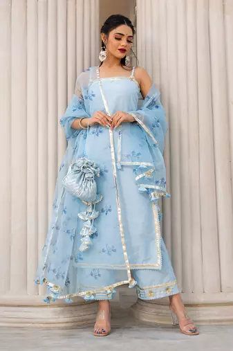 Sky Blue Cotton Silk Thread and Gota Patti work Kurti Set