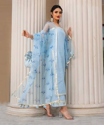 Sky Blue Cotton Silk Thread and Gota Patti work Kurti Set 4