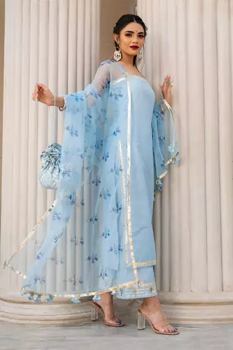 Sky Blue Cotton Silk Thread and Gota Patti work Kurti Set