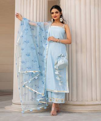 Sky Blue Cotton Silk Thread and Gota Patti work Kurti Set 1