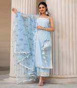 Sky Blue Cotton Silk Thread and Gota Patti work Kurti Set