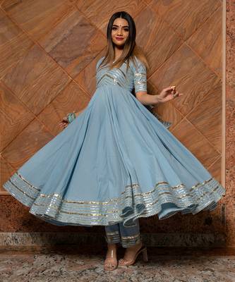 Women's Powder Blue Cotton Silver Anarkali Set 2