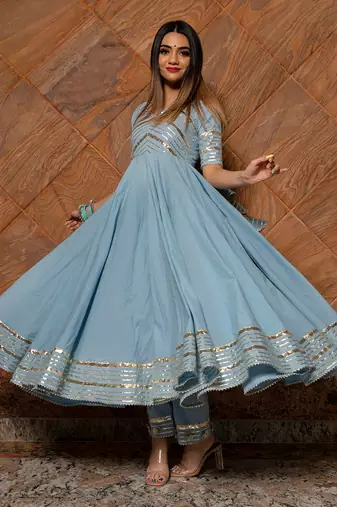 Women's Powder Blue Cotton Silver Anarkali Set