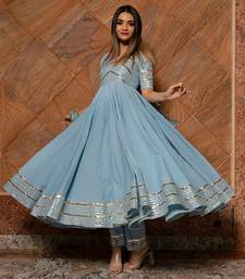 Women's Powder Blue Cotton Silver Anarkali Set