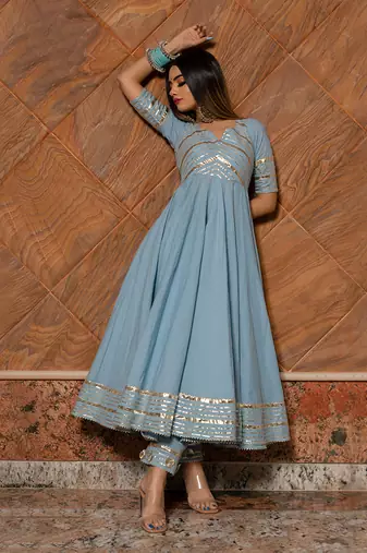 Women's Powder Blue Cotton Silver Anarkali Set