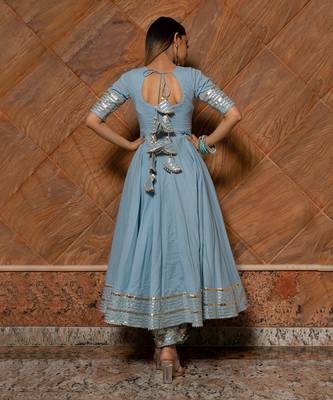 Women's Powder Blue Cotton Silver Anarkali Set 4