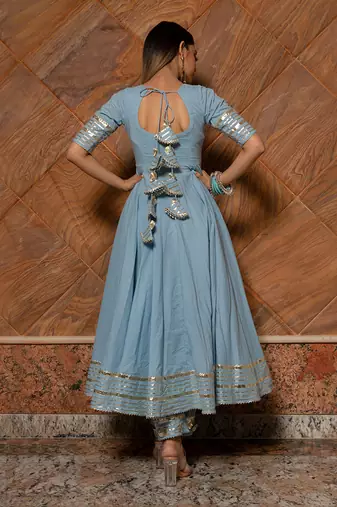 Women's Powder Blue Cotton Silver Anarkali Set