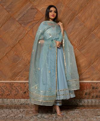 Women's Powder Blue Cotton Silver Anarkali Set 1