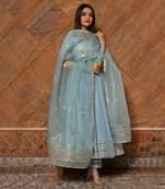 Women's Powder Blue Cotton Silver Anarkali Set