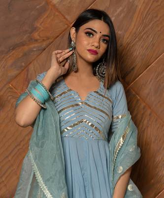 Women's Powder Blue Cotton Silver Anarkali Set 5
