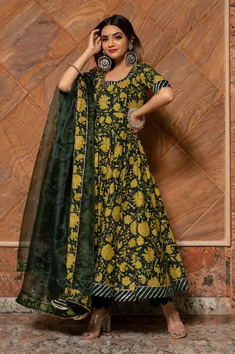 Idika Green Block Anarkali Set