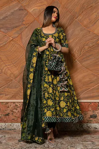Idika Green Block Anarkali Set