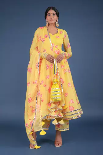 Yellow Oleander Organza Anarkali Set